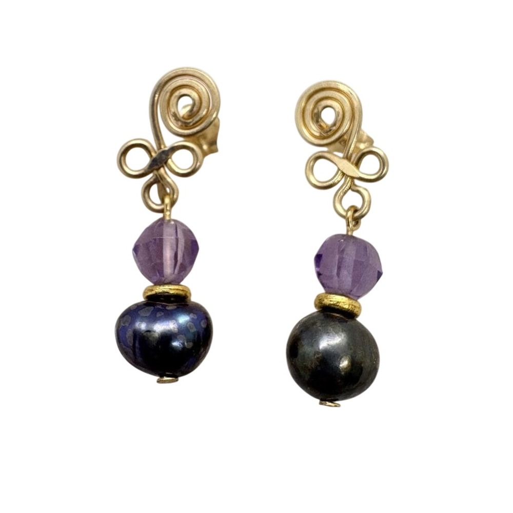Artisan Amethyst & Pearl Earrings Dangle Drop Pierced Gold Filled 2g Dainty